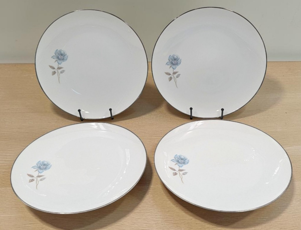 Noritake Simone 6407 Dinner Plates 10.5" Platinum Trim Japan Blue Rose Set of 4